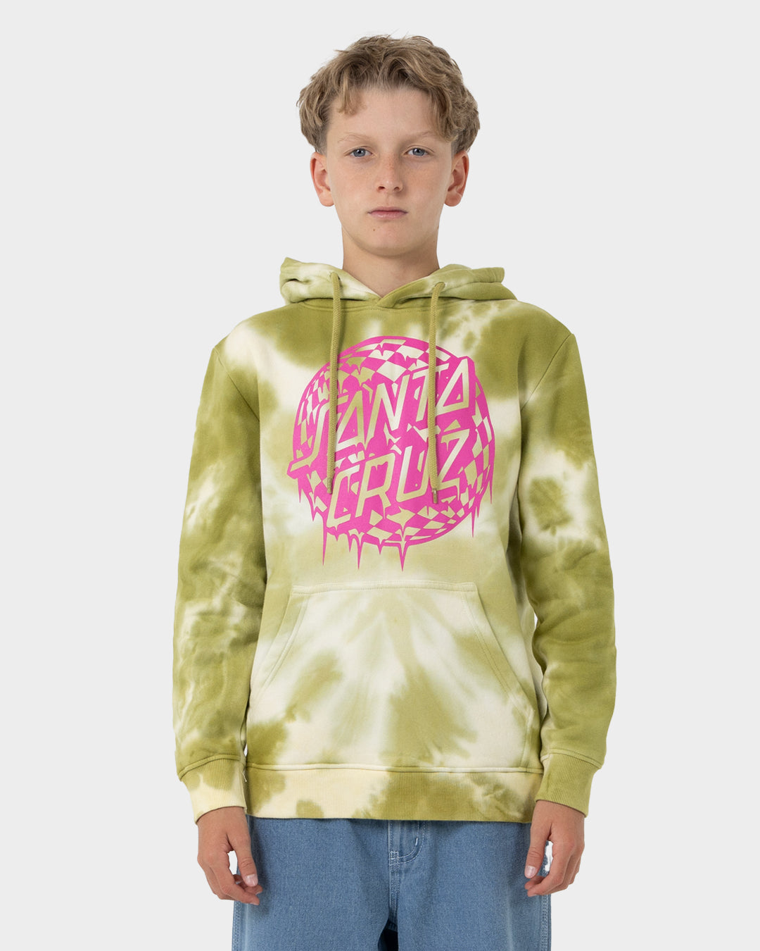 Check Waste Dot Boys Pullover Hoodie Moss Tie Dye