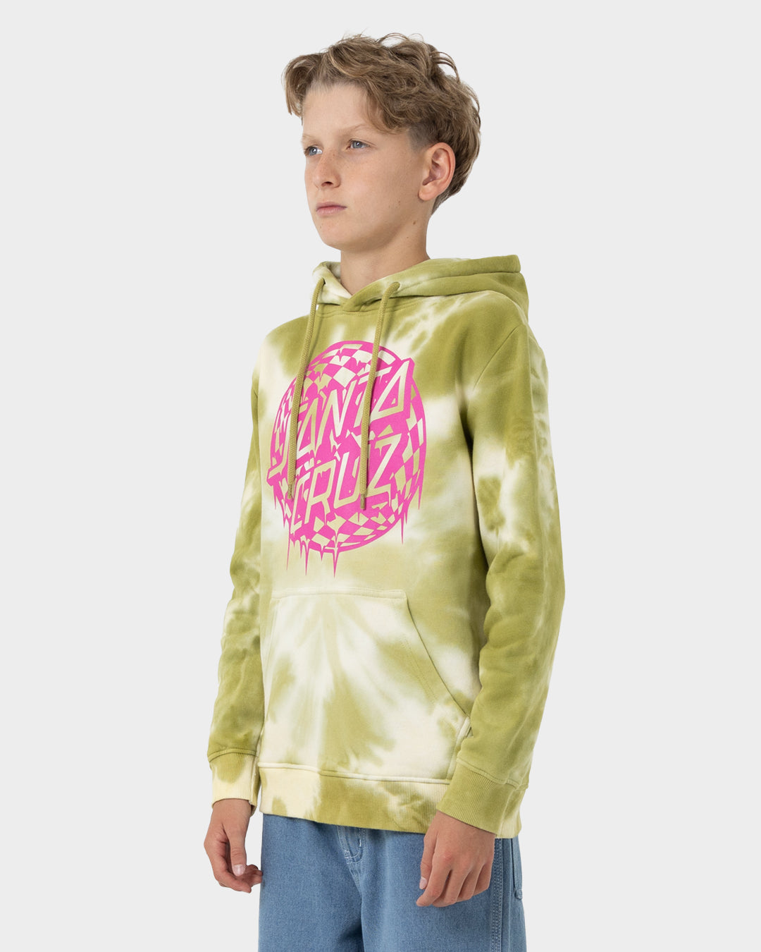Check Waste Dot Boys Pullover Hoodie Moss Tie Dye
