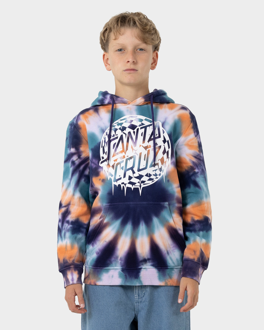 Check Waste Dot Boys Pullover Hoodie Navy Tie Dye