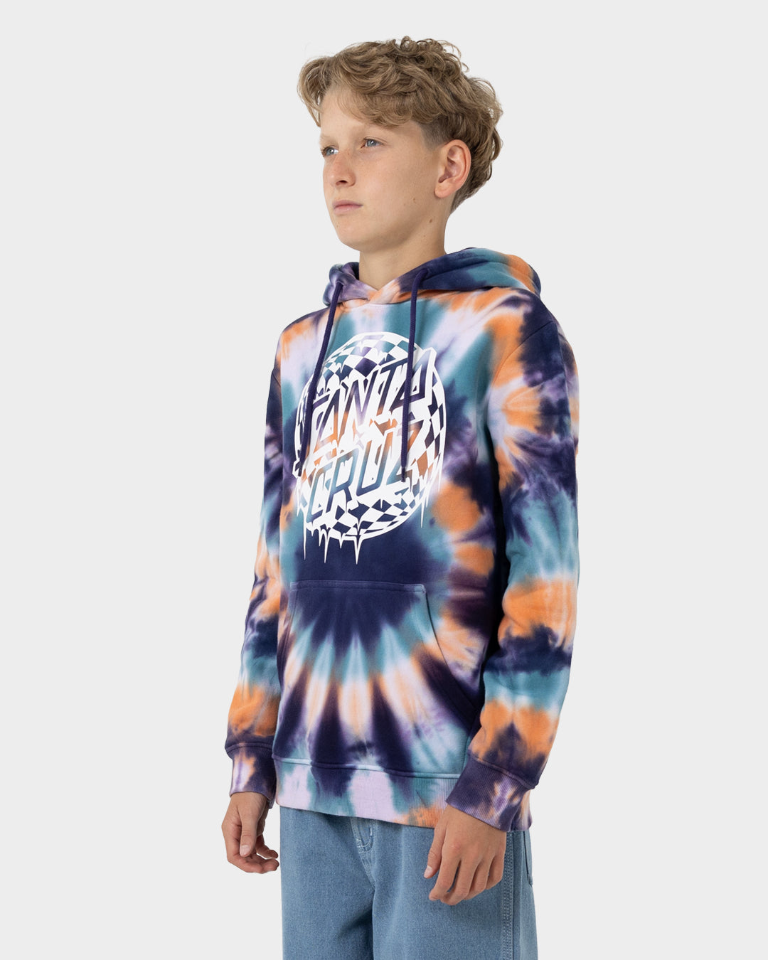 Check Waste Dot Boys Pullover Hoodie Navy Tie Dye