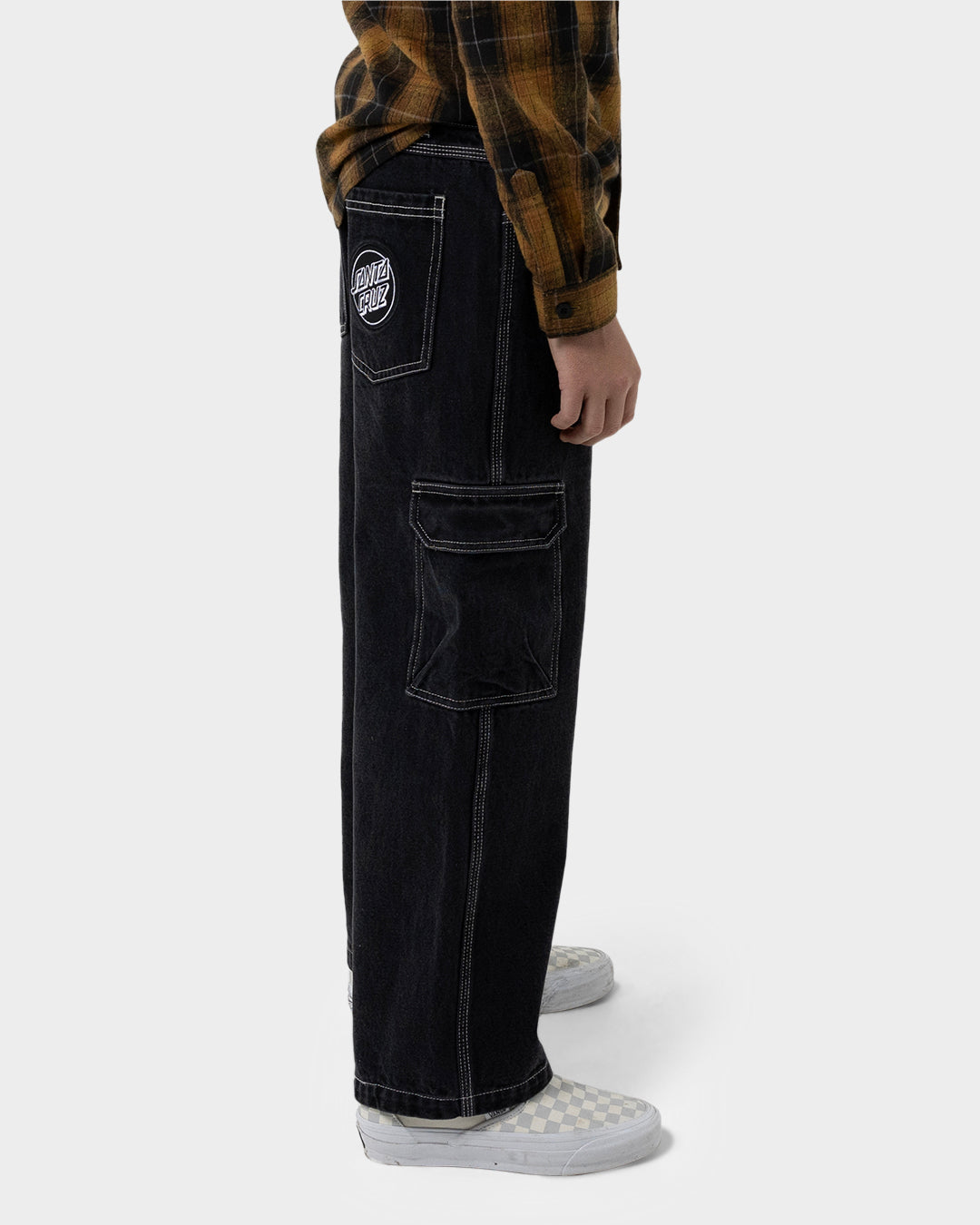 Reverse Dot Patch Boys Baggy Denim Cargo Pant Washed Black