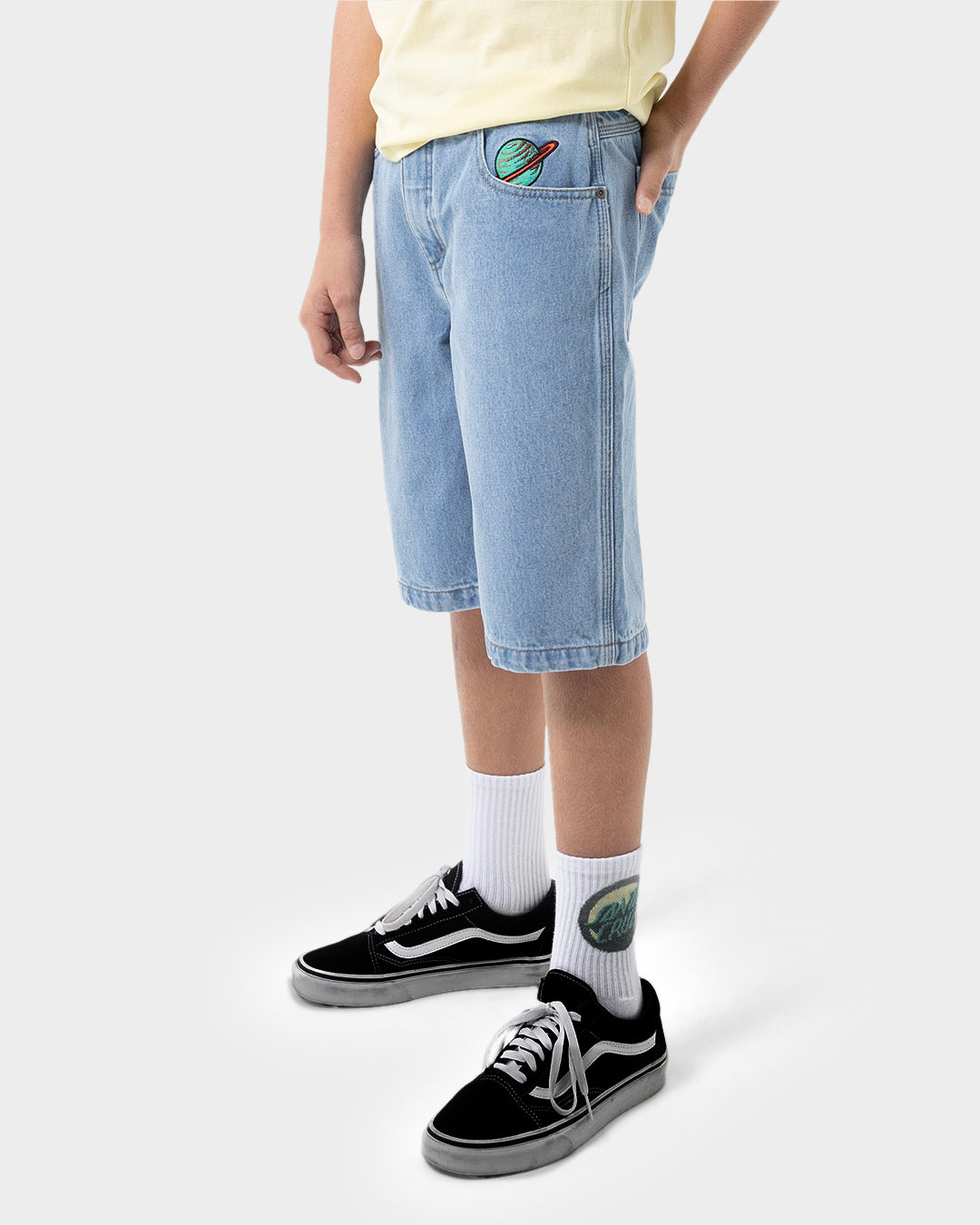 Space Rocket Stack Boys Carpenter Jean Shorts Mid Blue