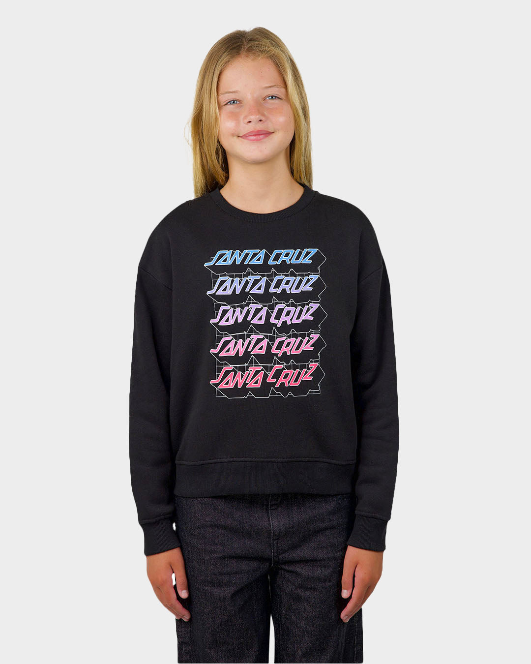 Grid Stacked Strip Santa Cruz Girls Crew Neck Sweater Black Santa Cruz Skateboards ANZ