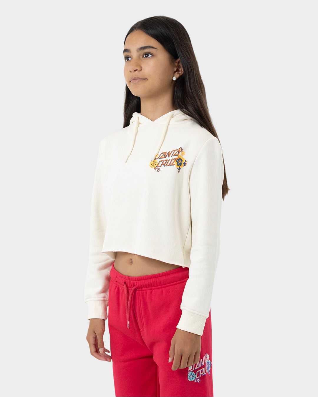 Free Spirit Floral Girls Cropped Pullover Hoodie Cream
