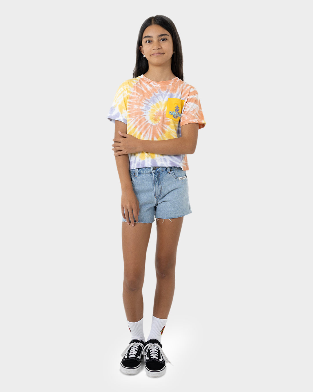 SC Tropic Strip Girls Cropped Pocket T-Shirt Gold Tie Dye