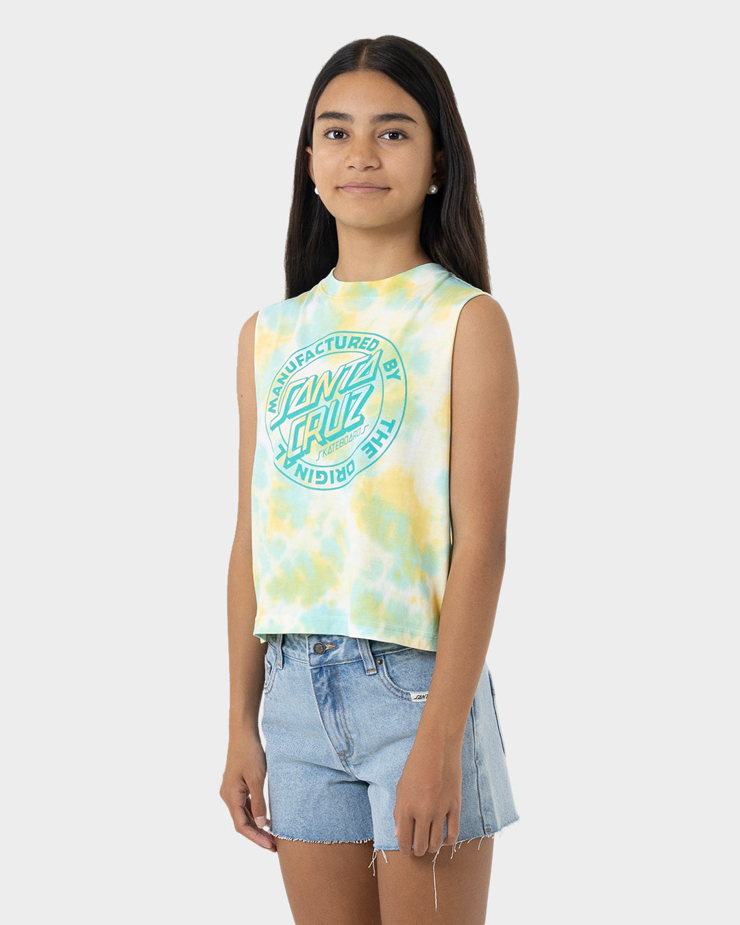 MFG Dot Mono Girls Cropped Muscle T-Shirt Light Green Tie Dye