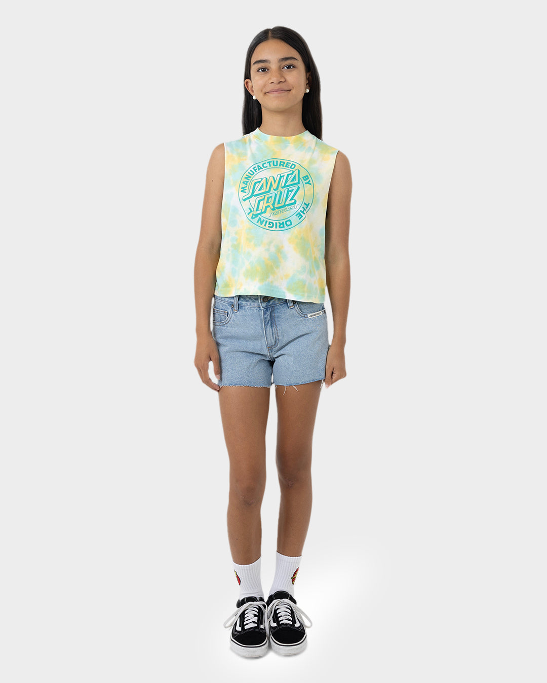 MFG Dot Mono Girls Cropped Muscle T-Shirt Light Green Tie Dye