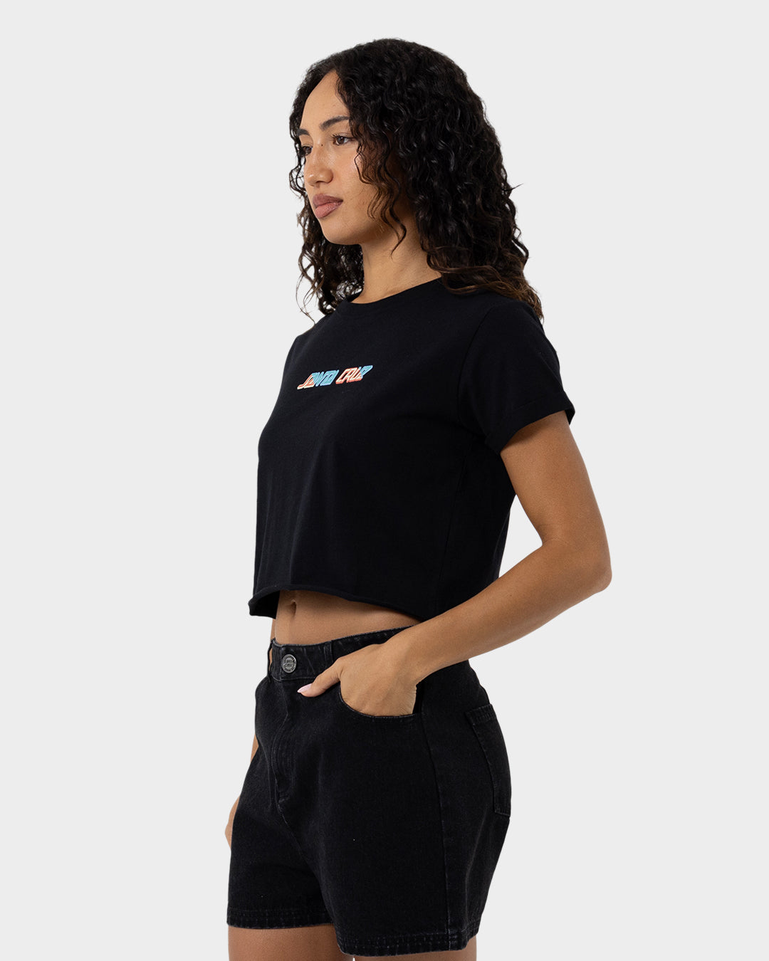 Split Block Strip Women's Cropped T-shirt Black