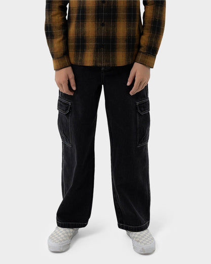 Reverse Dot Patch Boys Baggy Denim Cargo Pant Washed Black