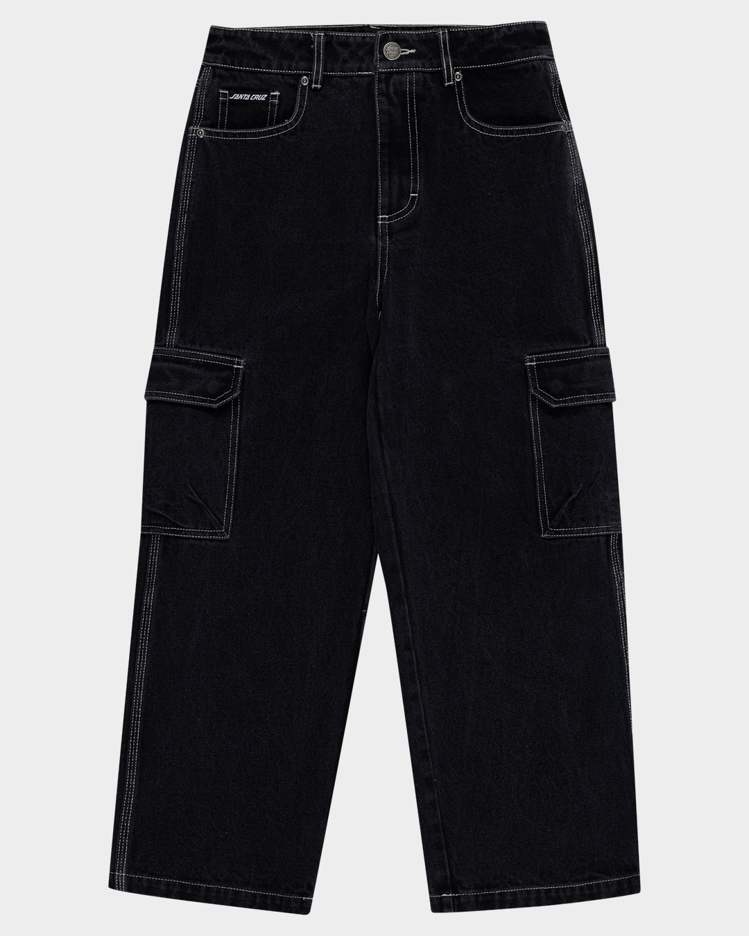 Reverse Dot Patch Boys Baggy Denim Cargo Pant Washed Black