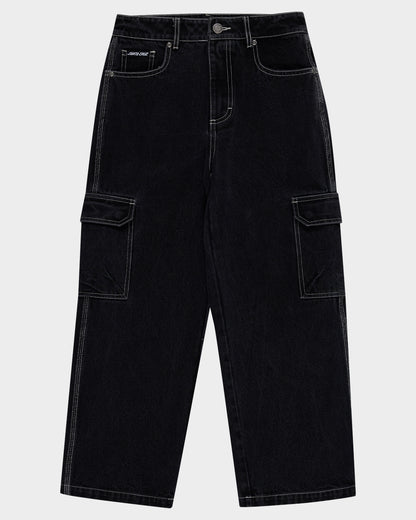 Reverse Dot Patch Boys Baggy Denim Cargo Pant Washed Black