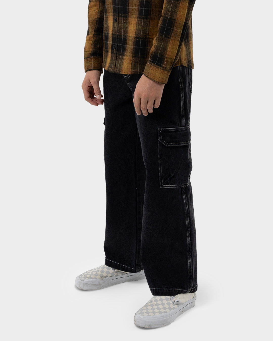 Reverse Dot Patch Boys Baggy Denim Cargo Pant Washed Black