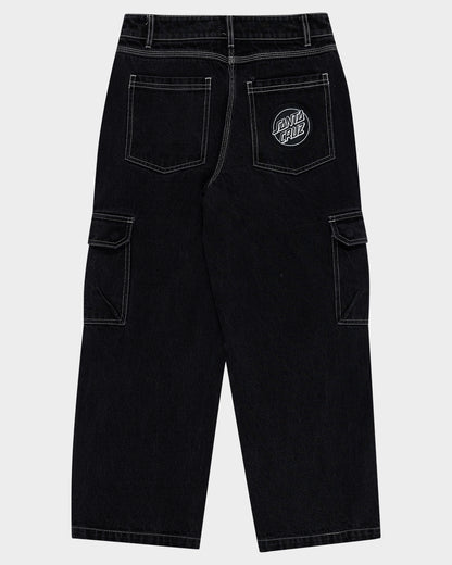 Reverse Dot Patch Boys Baggy Denim Cargo Pant Washed Black