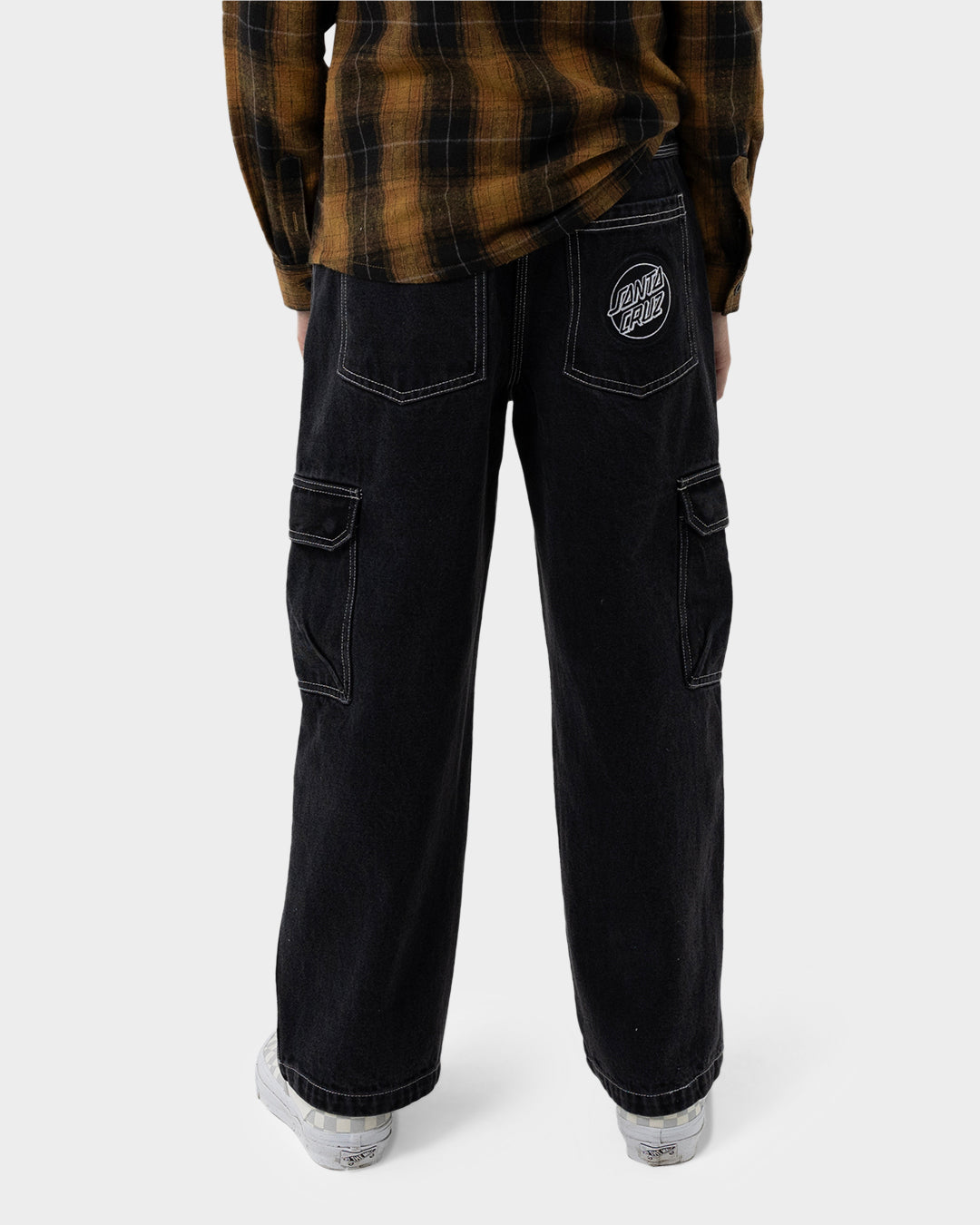 Reverse Dot Patch Boys Baggy Denim Cargo Pant Washed Black
