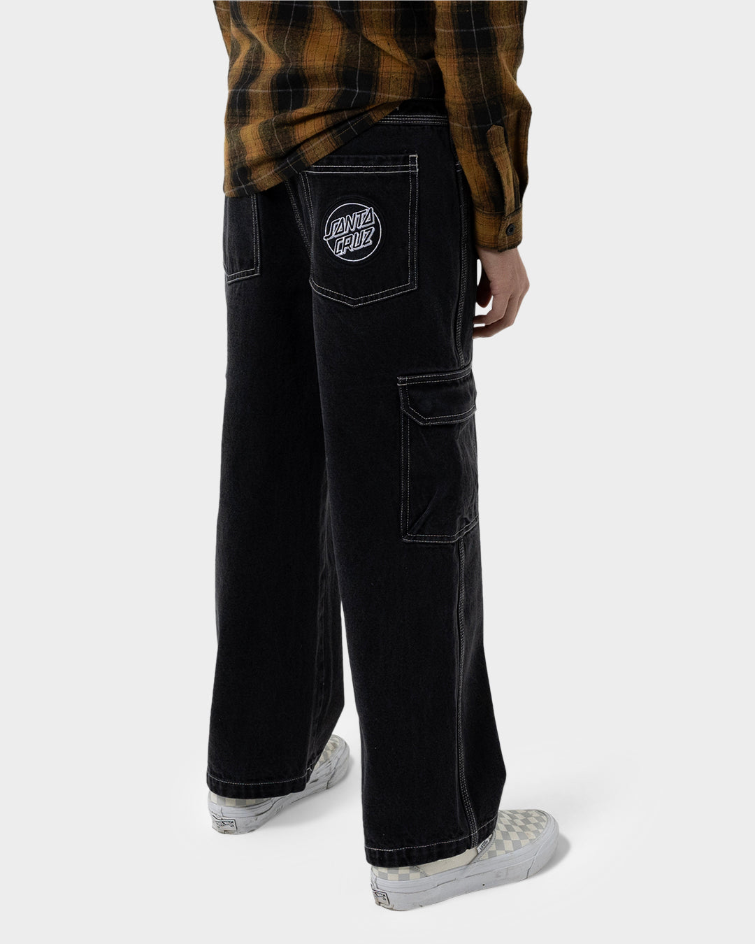 Reverse Dot Patch Boys Baggy Denim Cargo Pant Washed Black