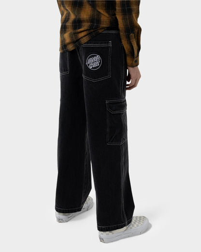 Reverse Dot Patch Boys Baggy Denim Cargo Pant Washed Black