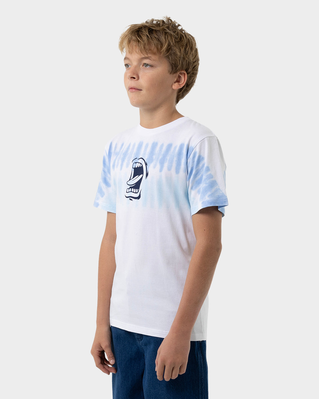 Screaming Mouth Mono Strip Boys T-Shirt Light Blue Tie Dye