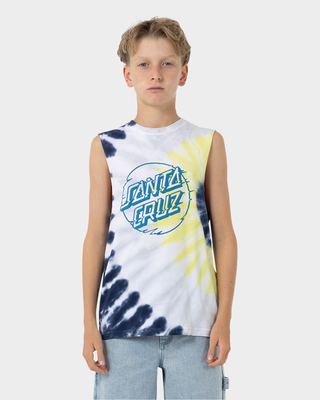 Vivid Dot Mono Santa Cruz Boys Muscle T-Shirt Navy Tie Dye