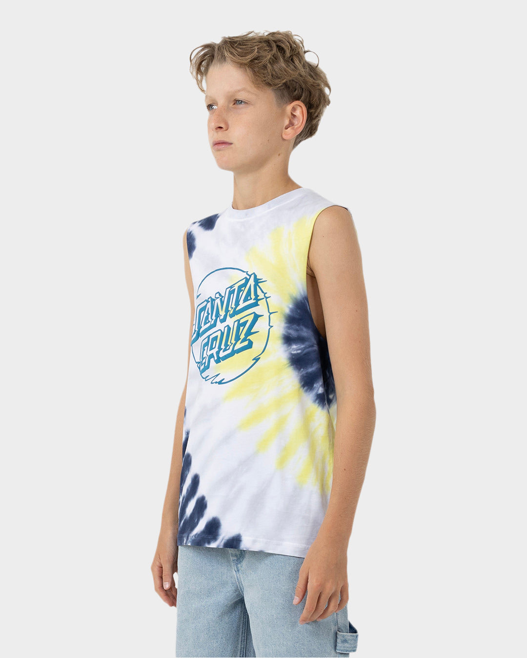 Vivid Dot Mono Santa Cruz Boys Muscle T-Shirt Navy Tie Dye