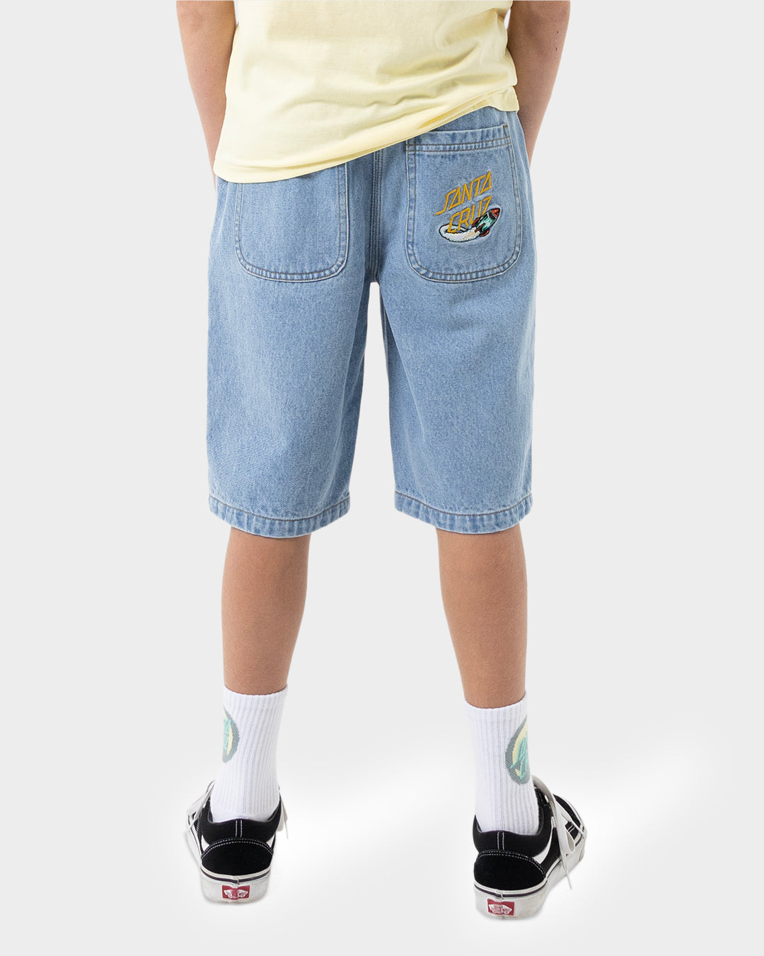Space Rocket Stack Boys Carpenter Jean Shorts Mid Blue