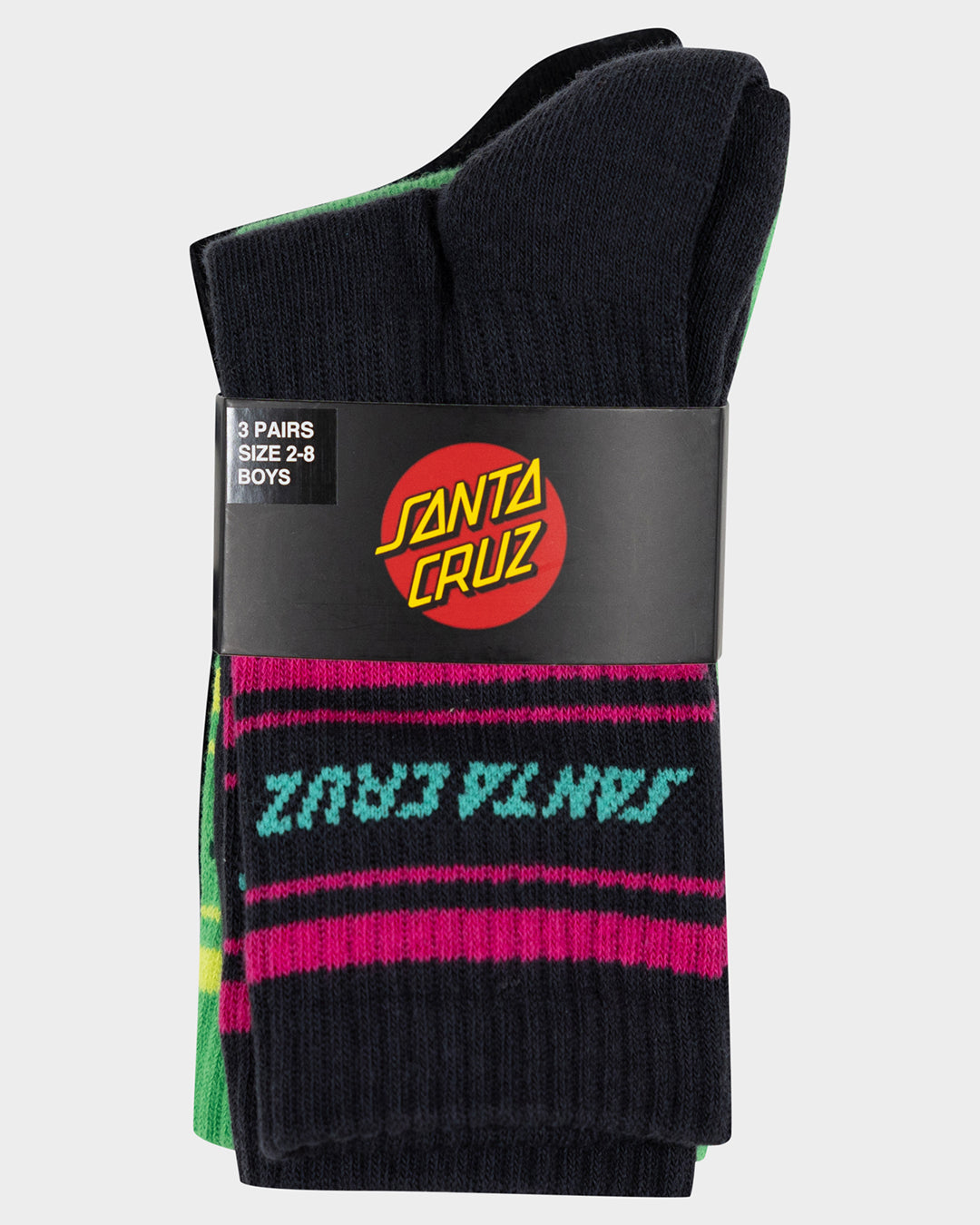 Multi Split Strip Boys Crew Socks 3 Pack Off Black-light Green-black