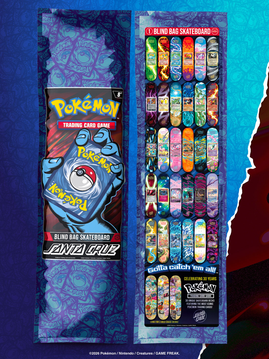 8.0in x 31.6in Pokémon TCG Blind Bag Santa Cruz Skateboard Deck