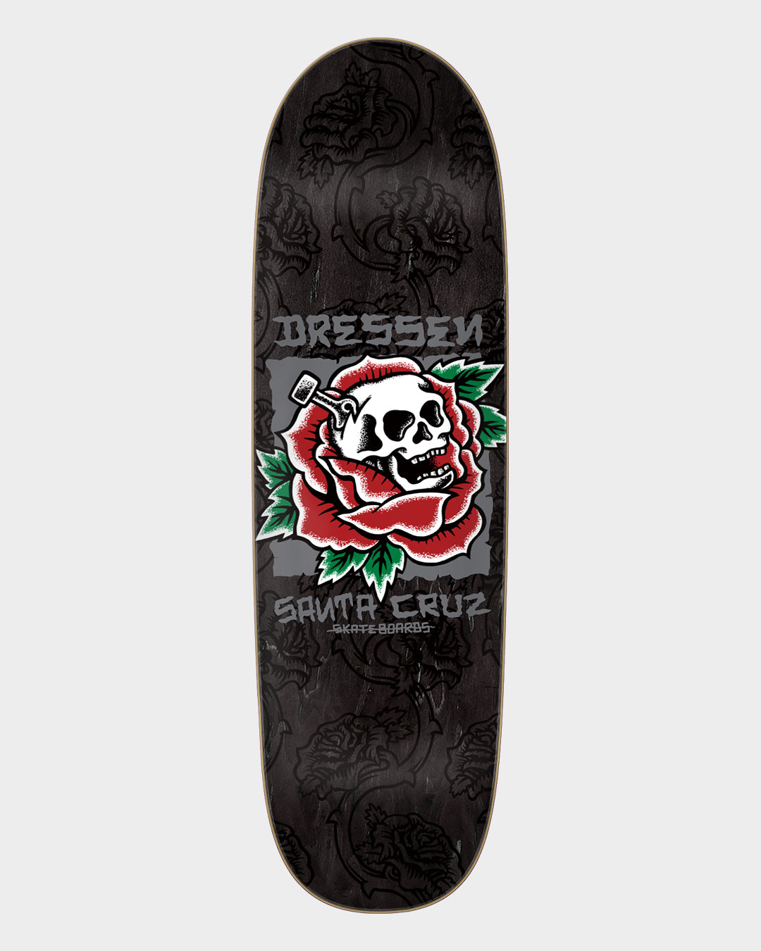 9.25in Dressen Skull Rose Santa Cruz Shaped Skateboard Deck