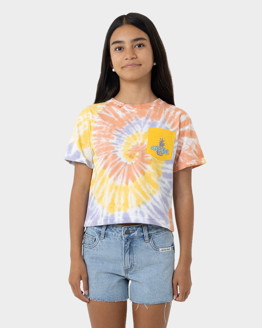 SC Tropic Strip Santa Cruz Girls Cropped Pocket T-Shirt Gold Tie Dye