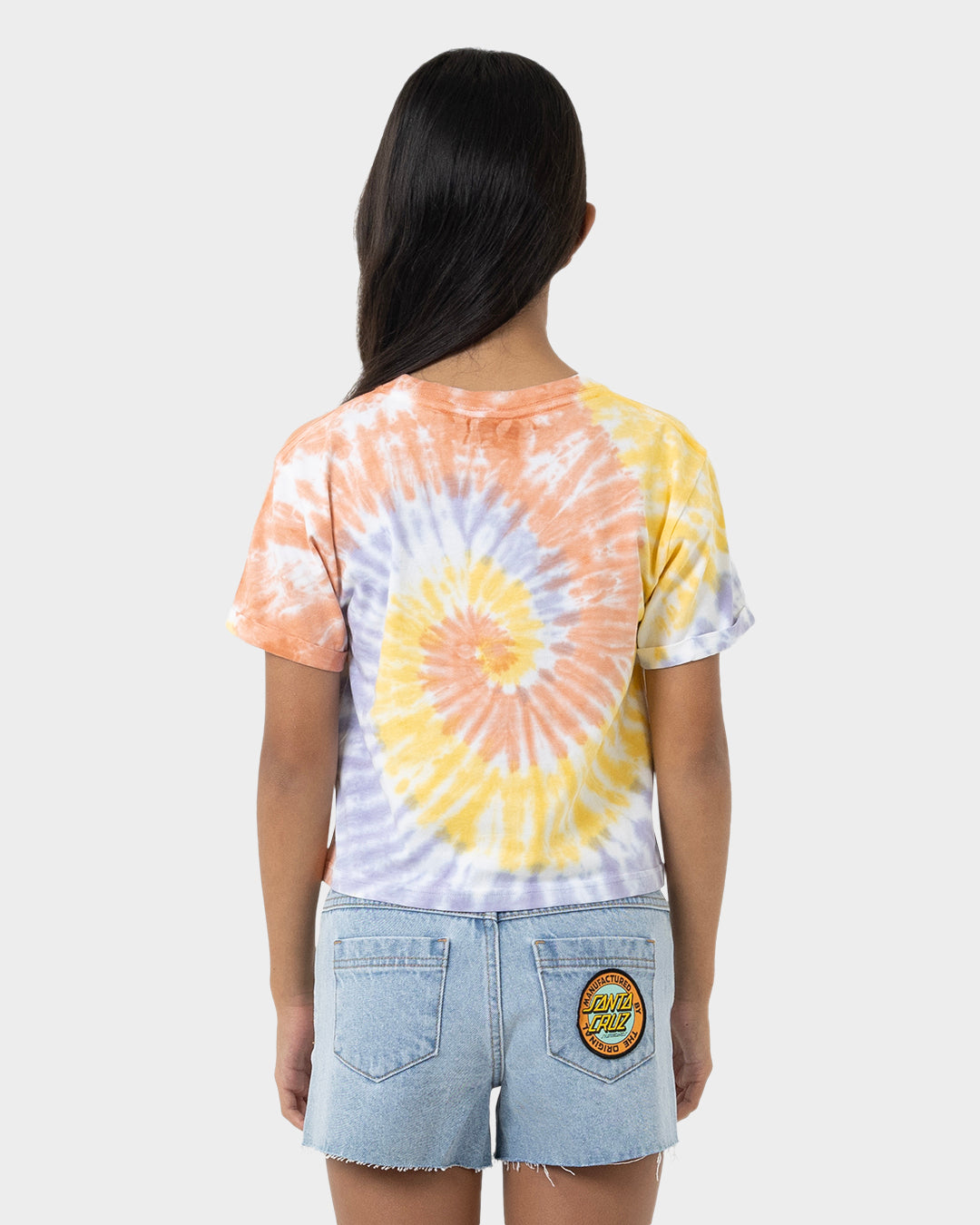 SC Tropic Strip Santa Cruz Girls Cropped Pocket T-Shirt Gold Tie Dye