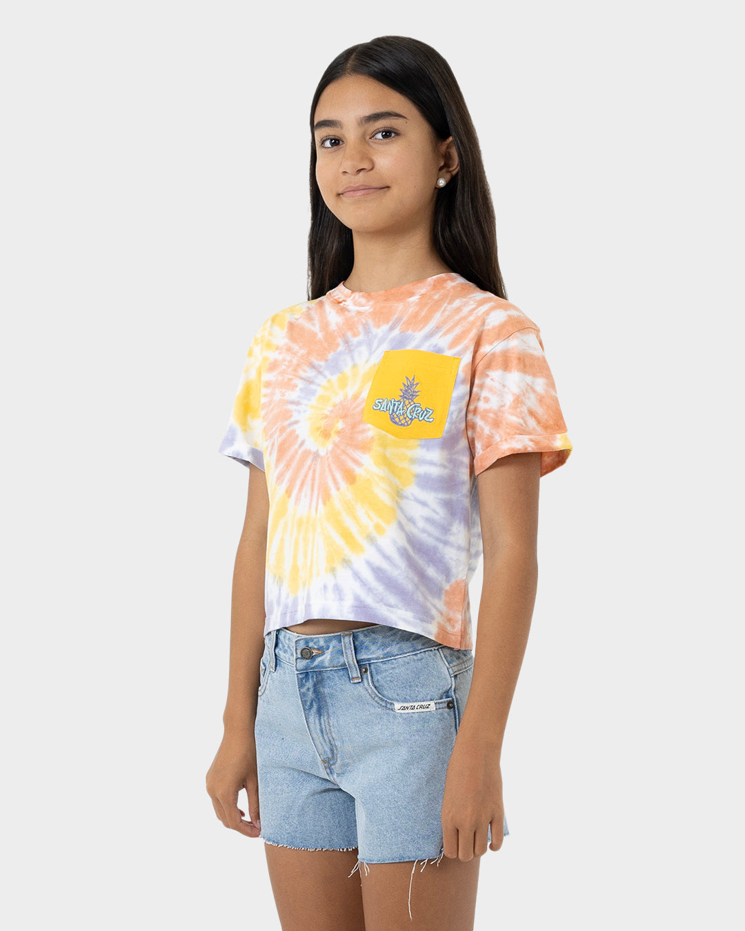 SC Tropic Strip Santa Cruz Girls Cropped Pocket T-Shirt Gold Tie Dye