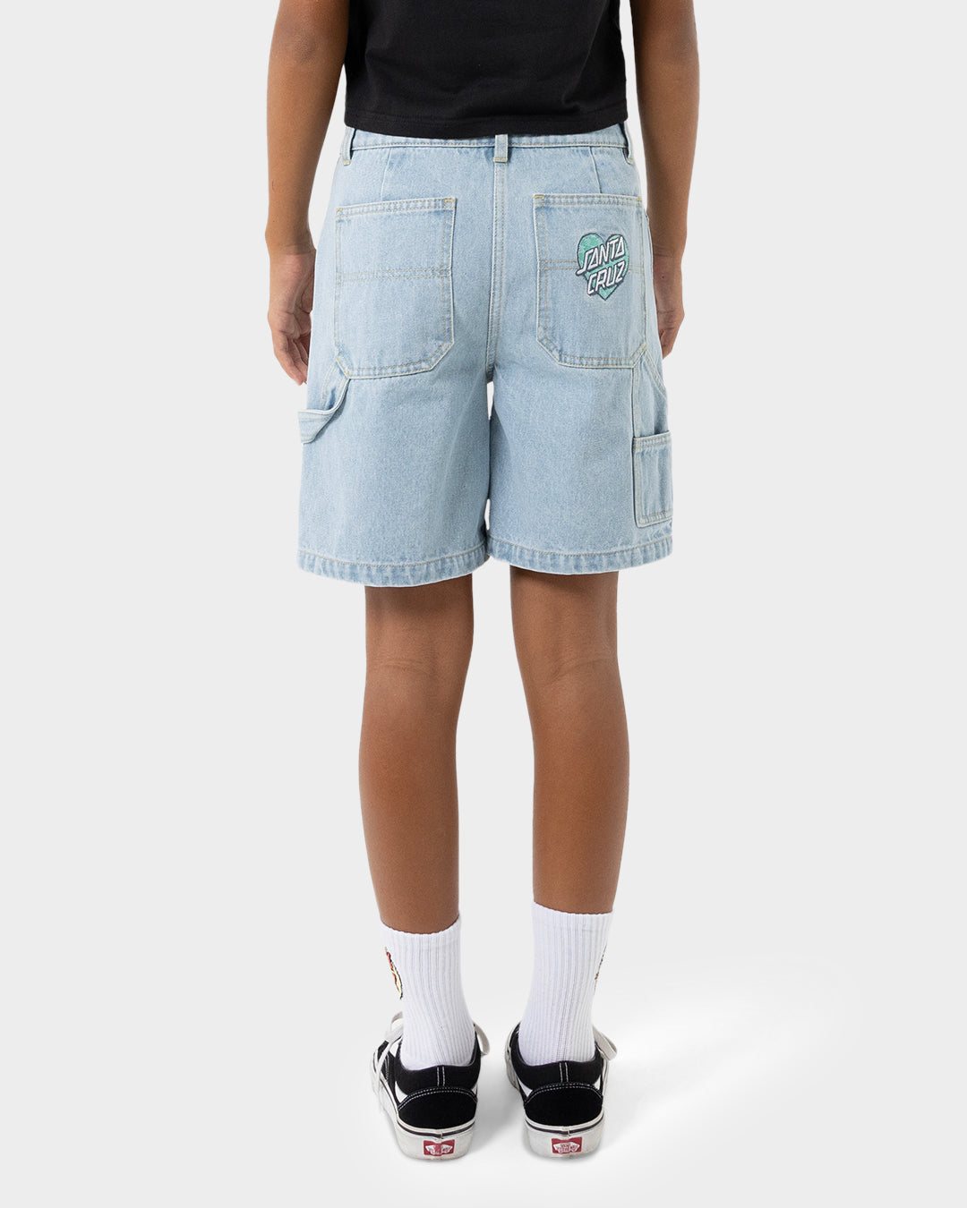 Checker Heart Dot Girls Carpenter Jean Shorts Light Washed Indigo