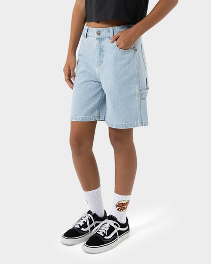 Checker Heart Dot Girls Carpenter Jean Shorts Light Washed Indigo