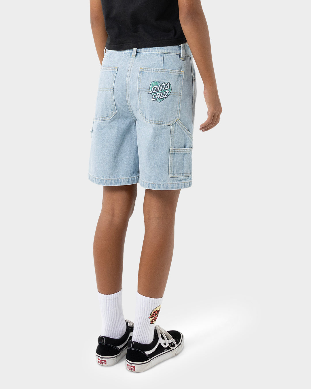Checker Heart Dot Girls Carpenter Jean Shorts Light Washed Indigo