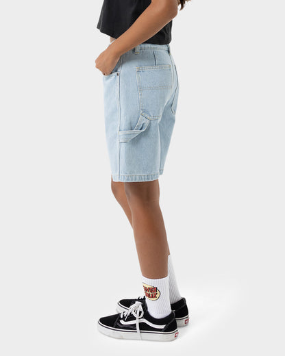 Checker Heart Dot Girls Carpenter Jean Shorts Light Washed Indigo