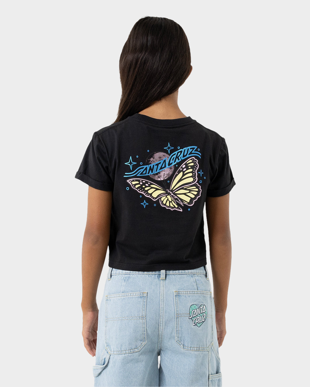 Winged Moon Strip Girls Cropped T-shirt Off Black