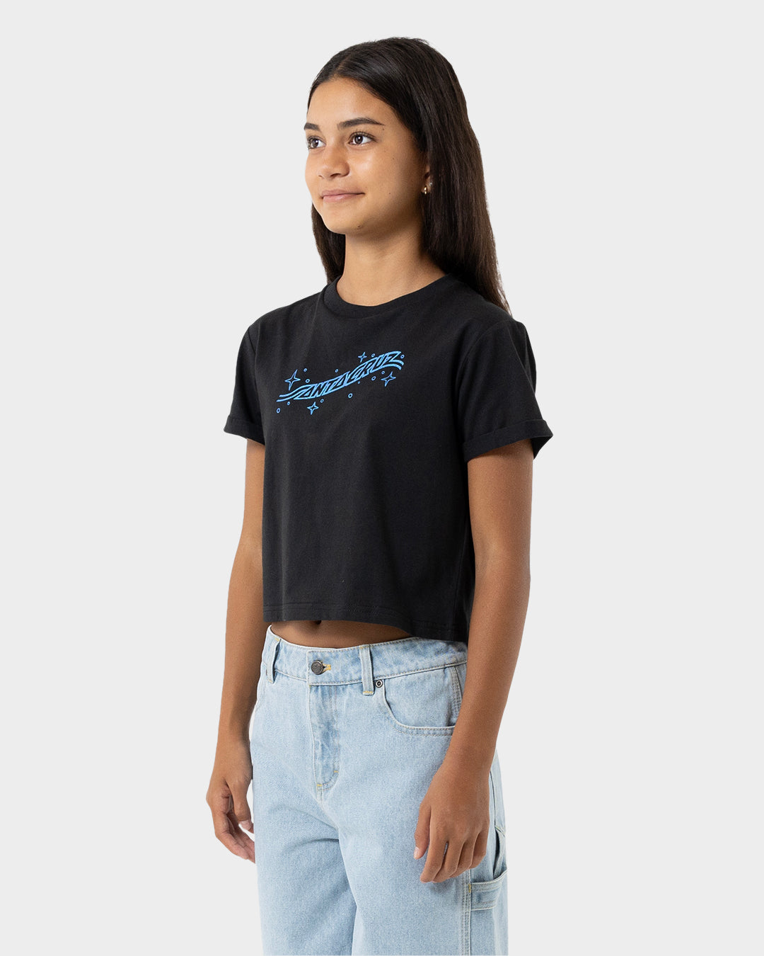 Winged Moon Strip Girls Cropped T-shirt Off Black