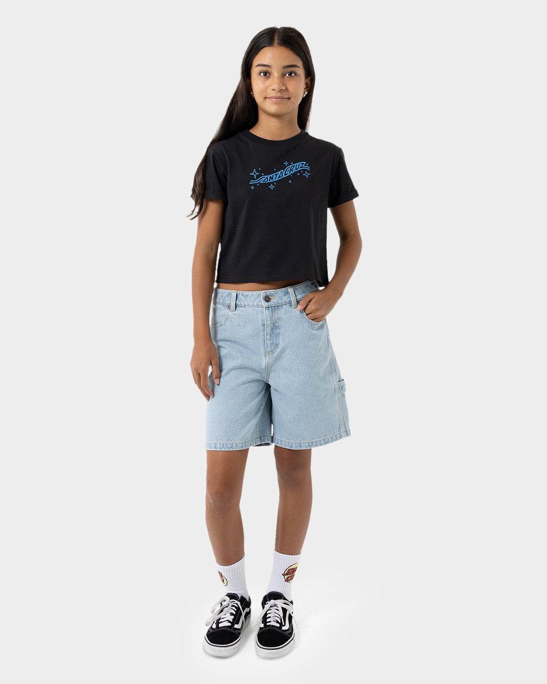 Winged Moon Strip Girls Cropped T-shirt Off Black