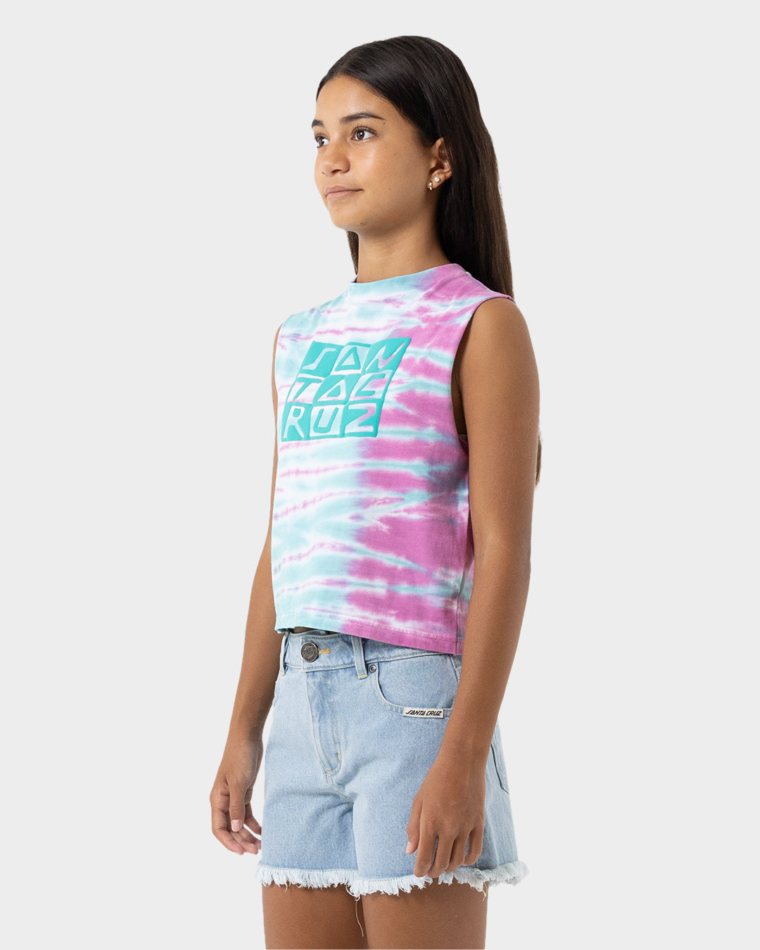 Checker Block Girls Cropped Muscle T-shirt Ocean Tie Dye
