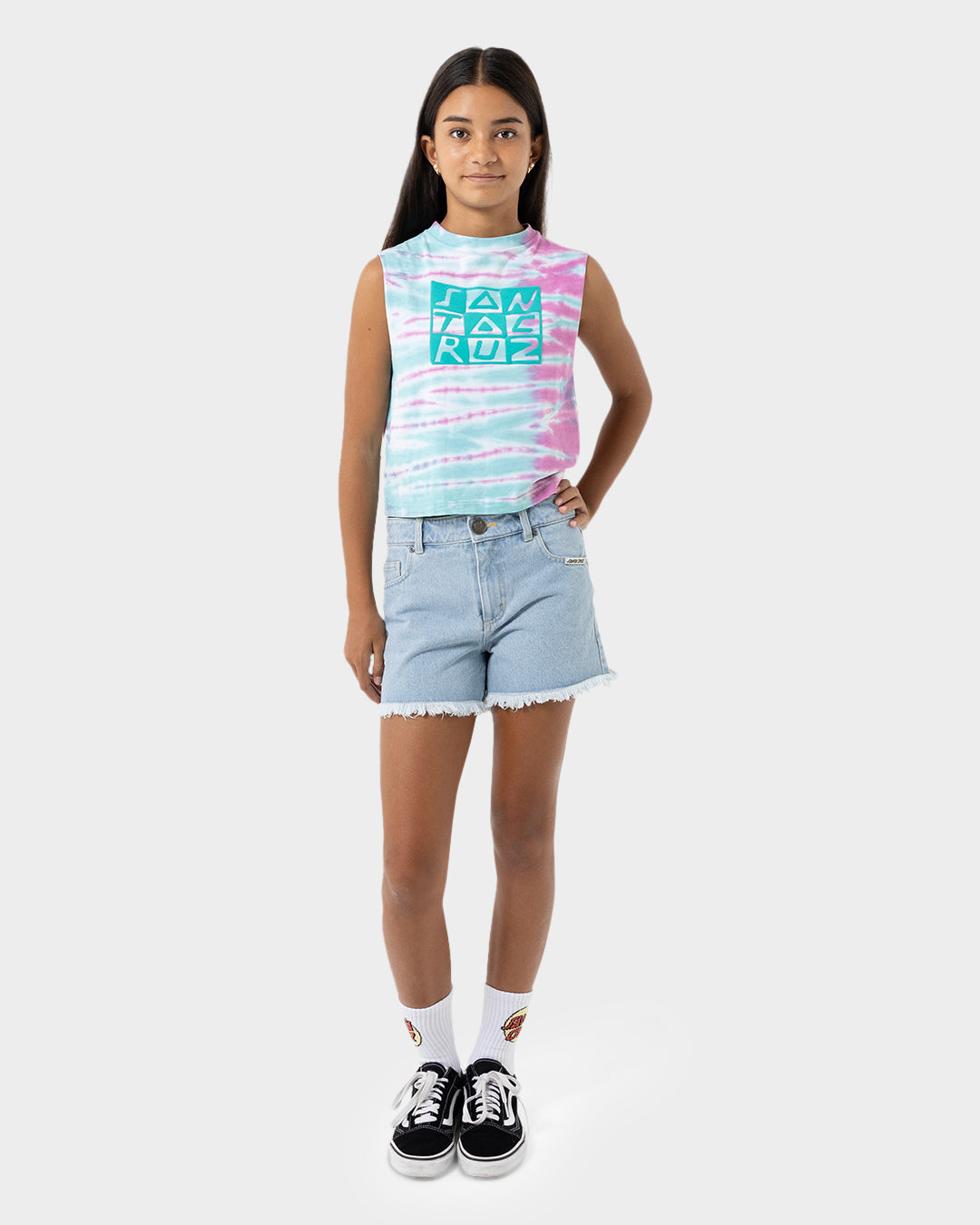 Checker Block Girls Cropped Muscle T-shirt Ocean Tie Dye