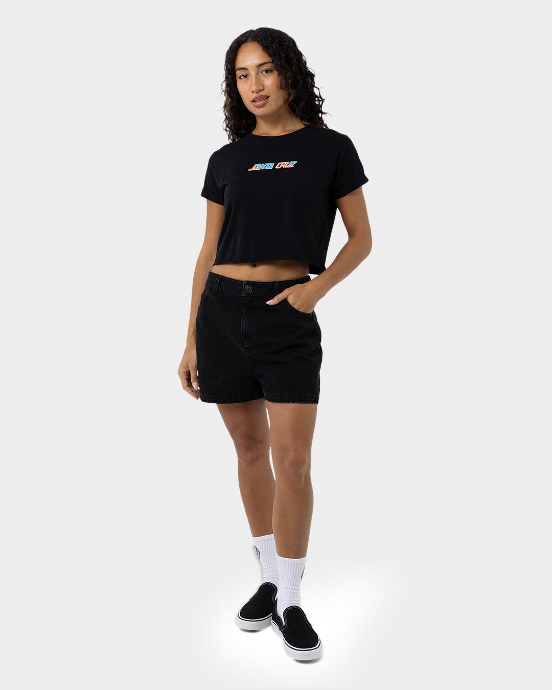 Split Block Strip Women's Cropped T-shirt Black